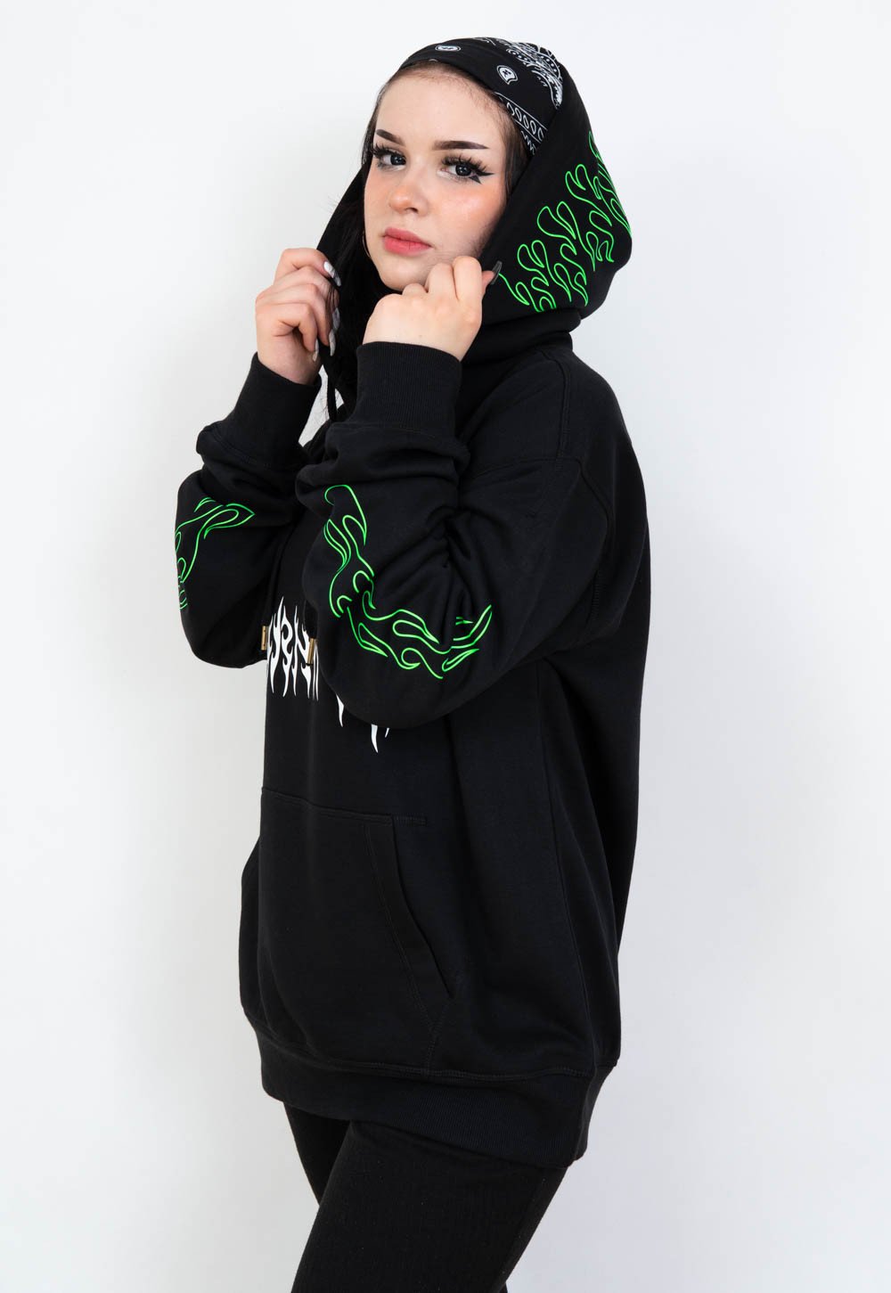 BURNING HOODIE WITH GREEN FLAMES